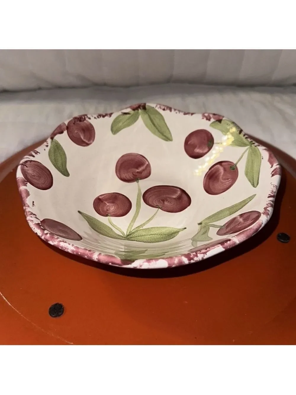 Shabby Chic Cherry Dish off white  Burgundy Green